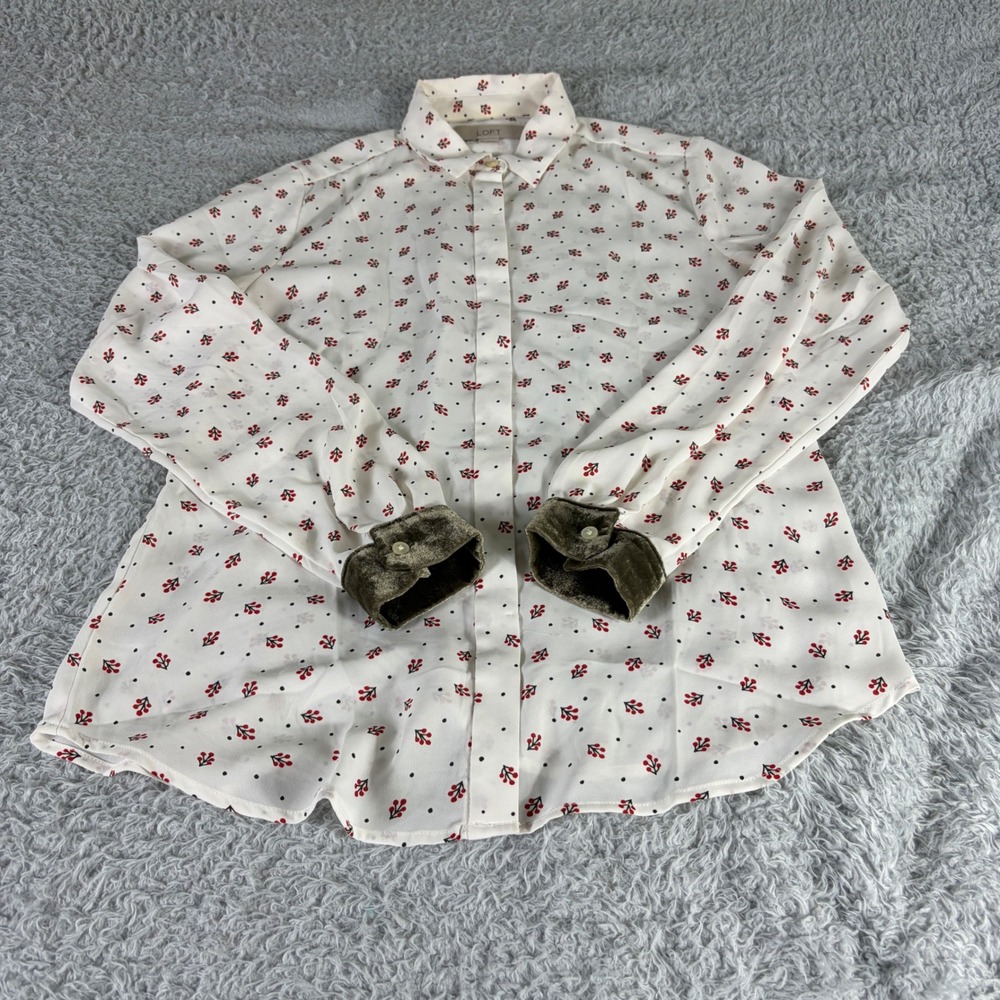Loft Womens XS Blouse White Red Berry Polka Dot Velvet Cuff Button Down Shirt